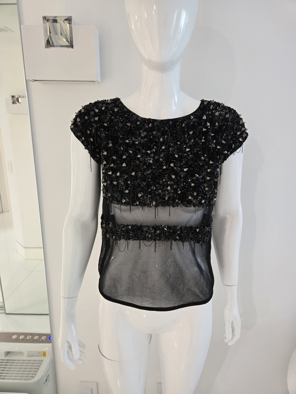 All Saints Black Embellished Sheer Crop Top, Size 36